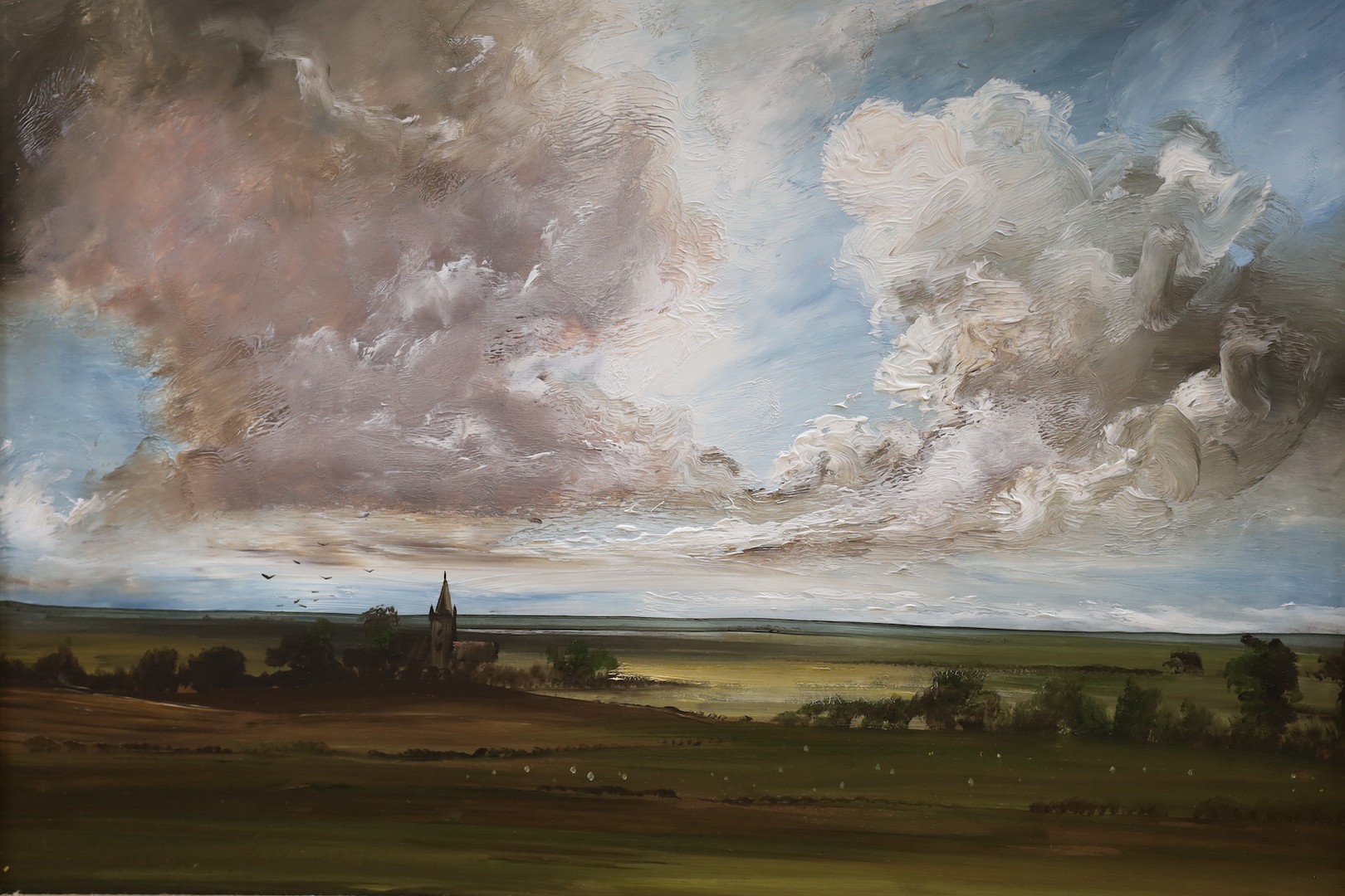 Ray Price (20th century), acrylic on board, Two figures on a road beneath a stormy sky, signed, and three other smaller pictures by the same hand - largest 59 x 75cm (4)